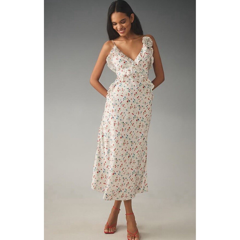 Anthropologie Bardot Midi Dress Olea Floral Ruffle Preppy City Retro US 10 NWT